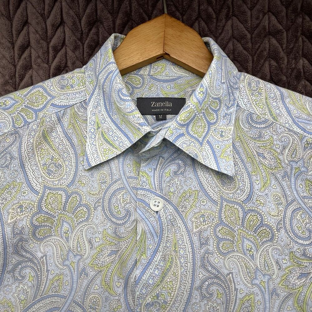 Zanella Paisley Shirt Men’s Medium Blue Yellow Floral Long Sleeve Italy Designer
